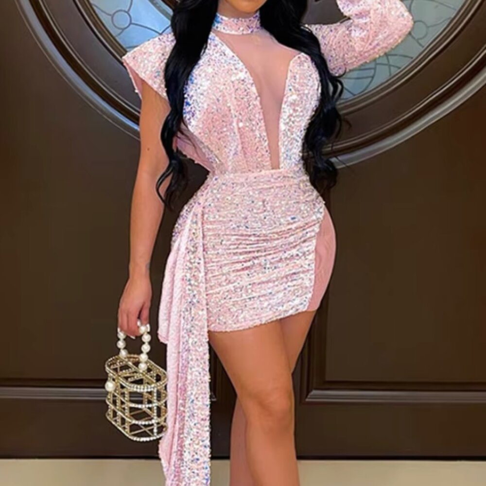 Luxe Sequin One-Sleeve Mini Dress with Dramatic Side Drape
